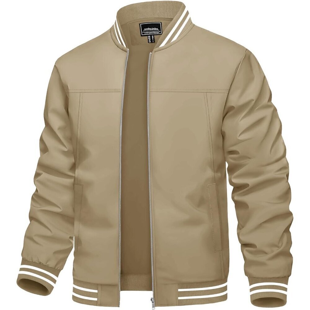 🆕Men's Khaki Bomber Lightweight Casual Spring Fall Windbreaker Zip Up Jacket